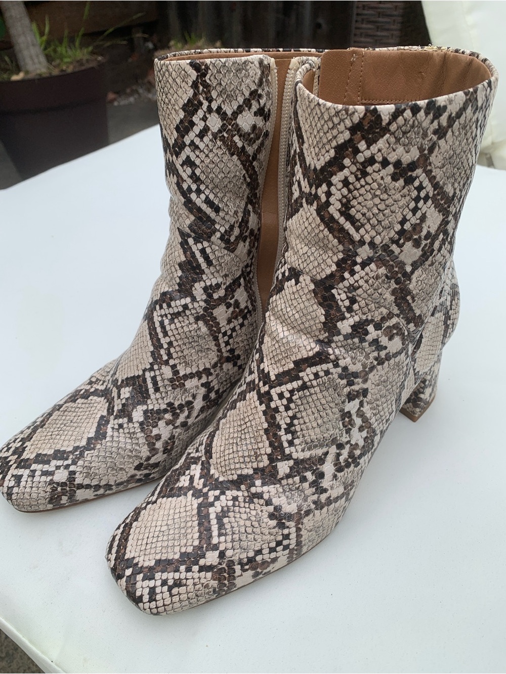Nordstrom Rack snake print ankle boots with beige and brown scales
Size 8